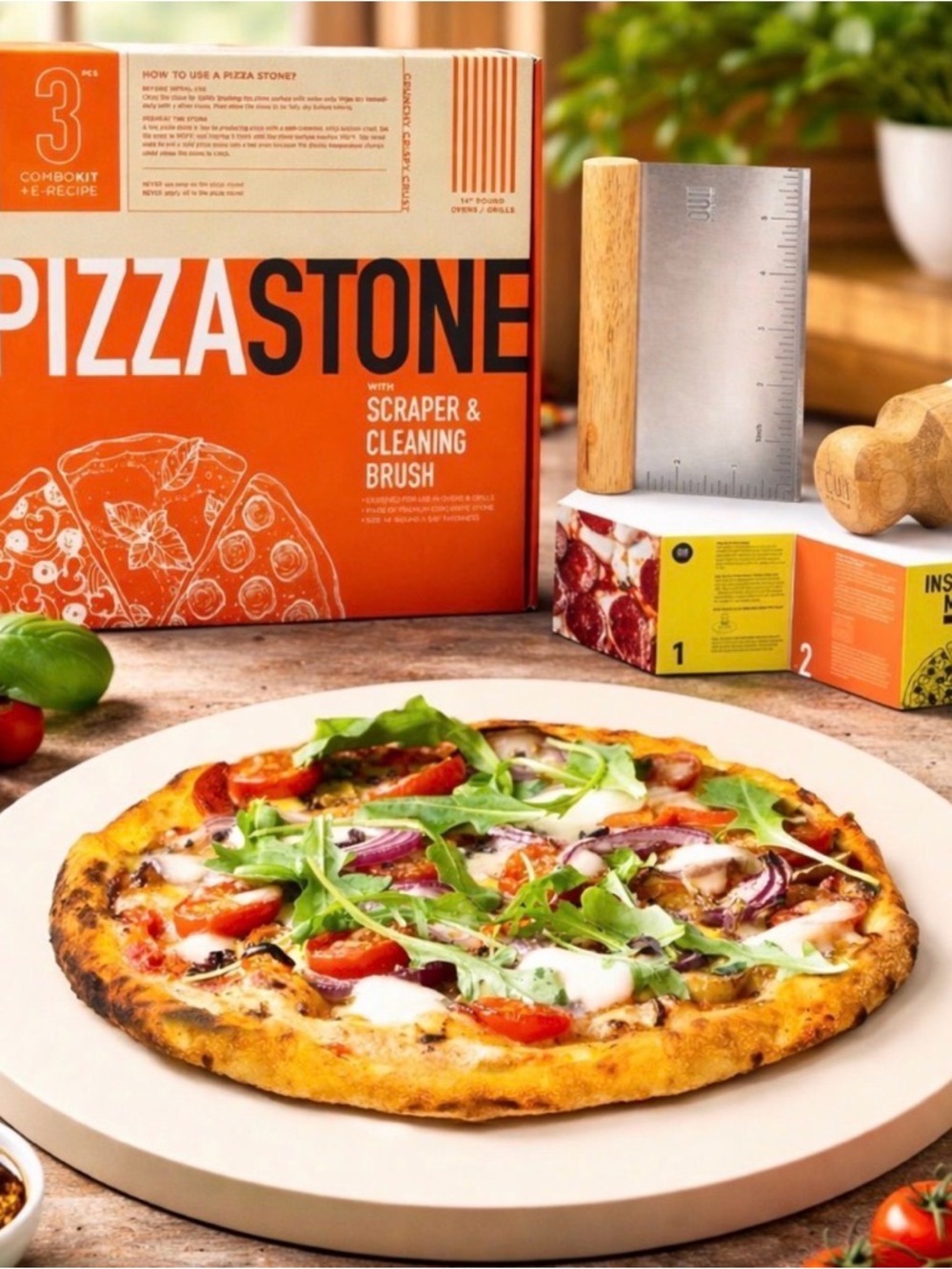 OUII 14" Cordierite Pizza Stone Set, 5/8" Thick, Scraper & Cleaning Brush, Round